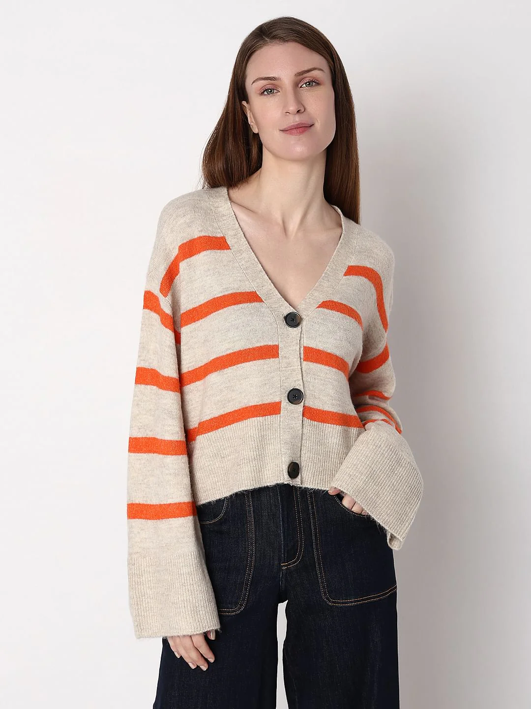 Beige Striped Wide Sleeves Cardigan - Image 2