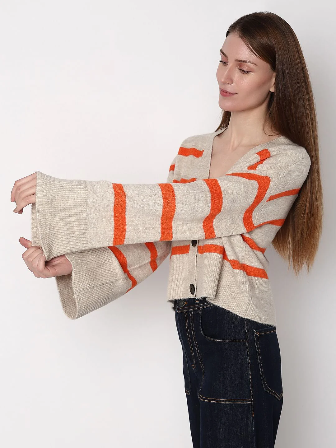 Beige Striped Wide Sleeves Cardigan - Image 3