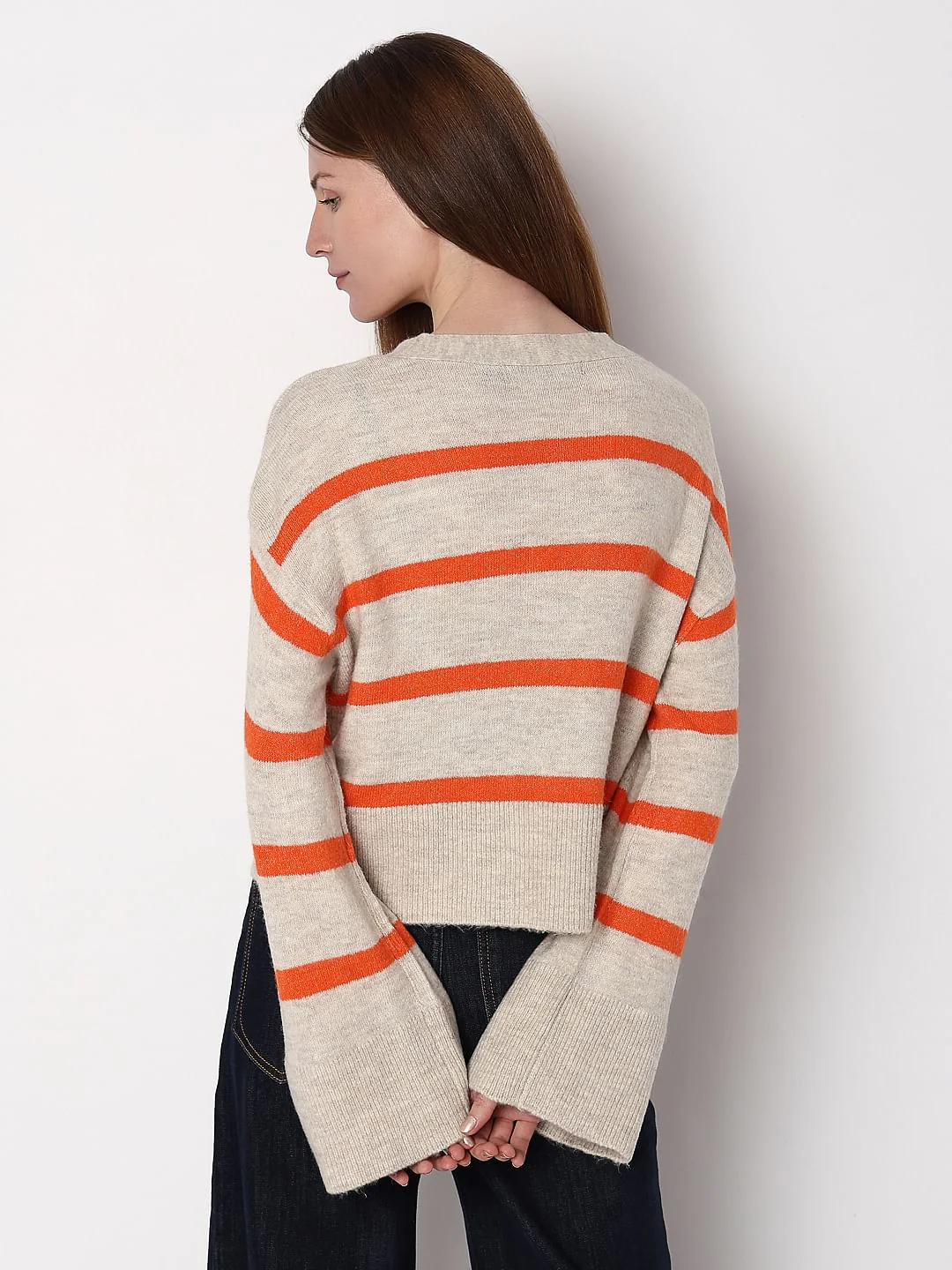 Beige Striped Wide Sleeves Cardigan - Image 4