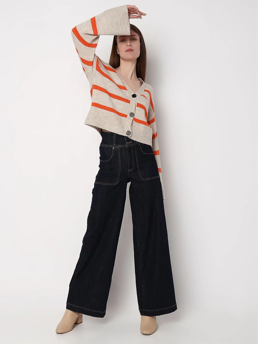 Beige Striped Wide Sleeves Cardigan - Image 5