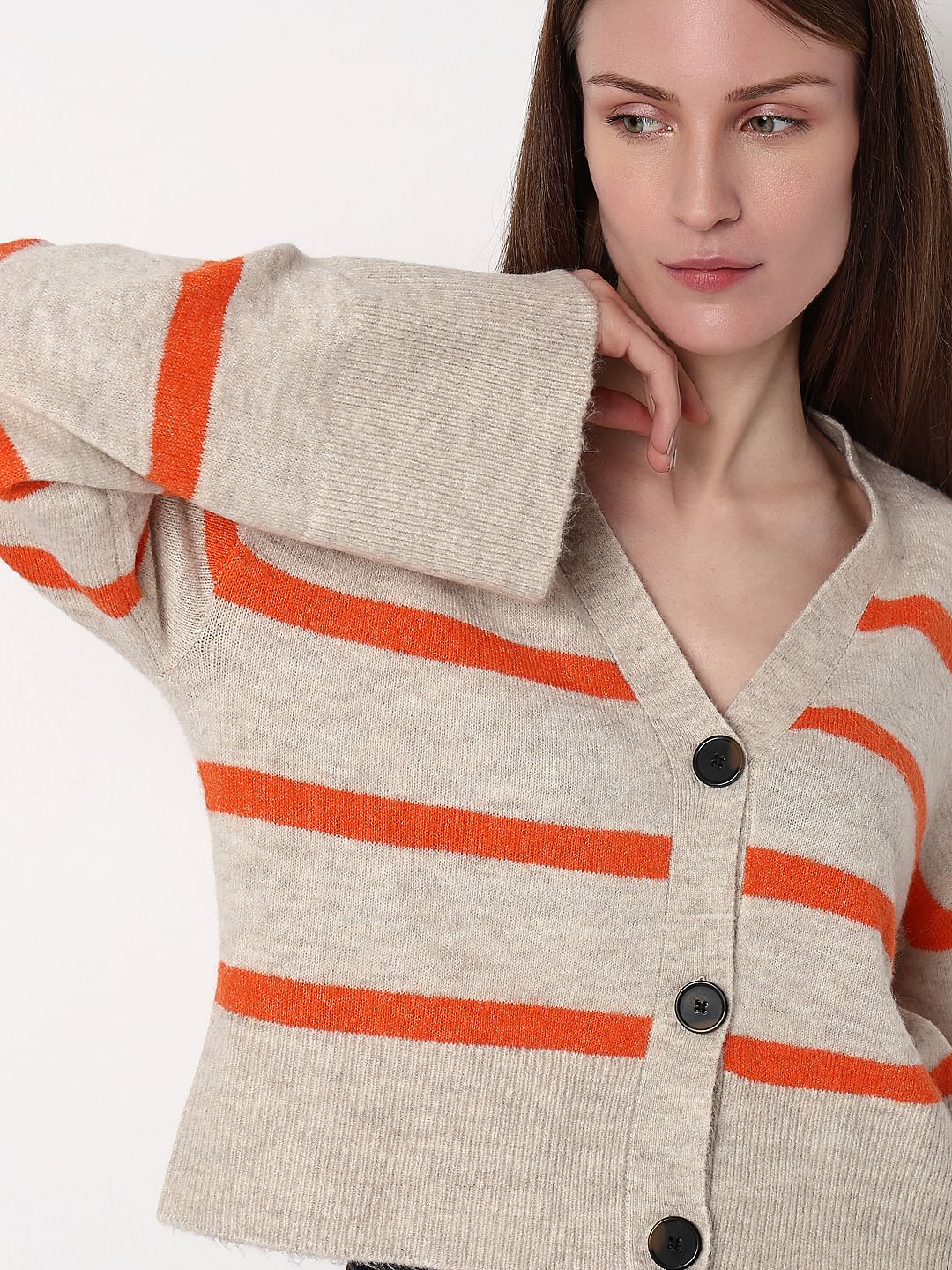 Beige Striped Wide Sleeves Cardigan - Image 6