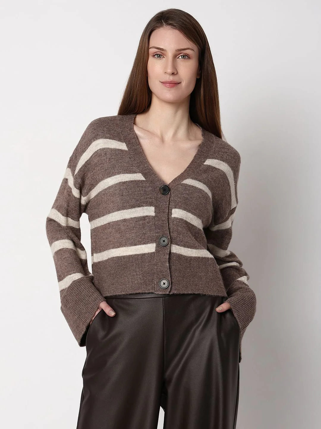 Brown Striped Wide Sleeves Cardigan - Image 2