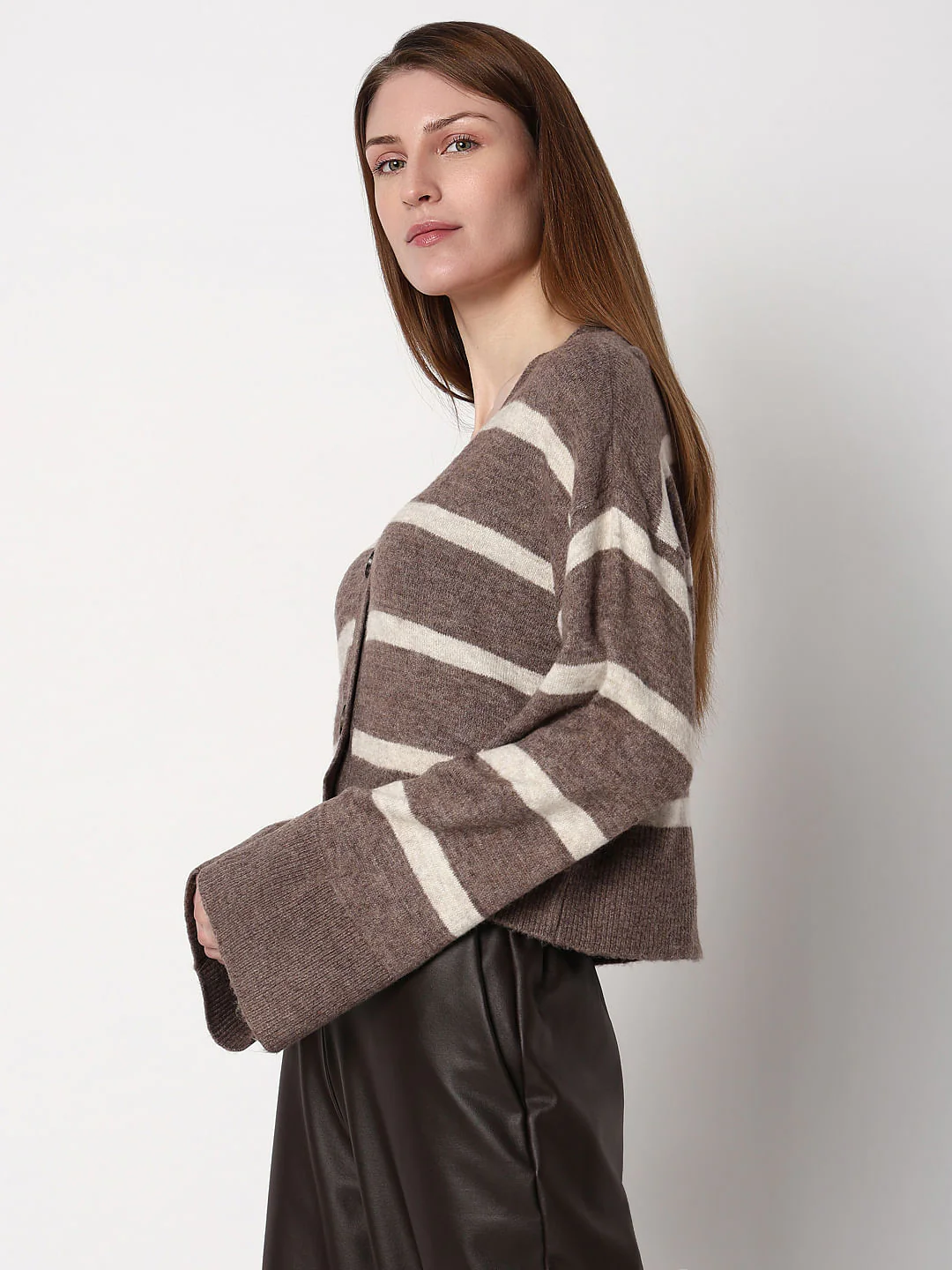 Brown Striped Wide Sleeves Cardigan - Image 3