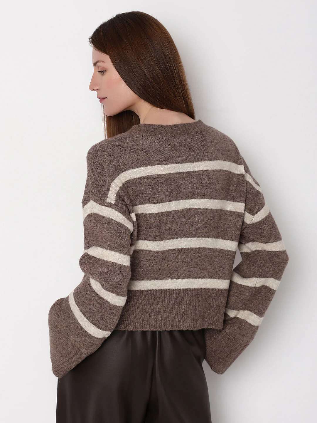 Brown Striped Wide Sleeves Cardigan - Image 4