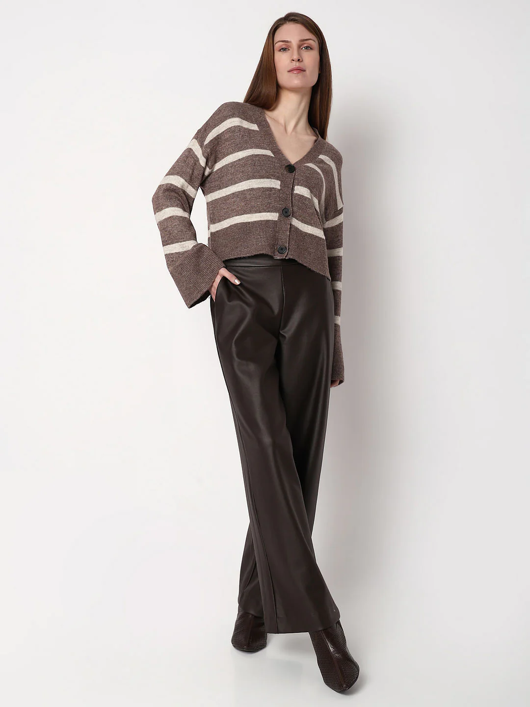 Brown Striped Wide Sleeves Cardigan - Image 5