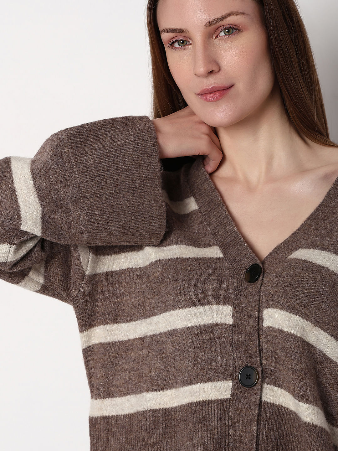 Brown Striped Wide Sleeves Cardigan - Image 6