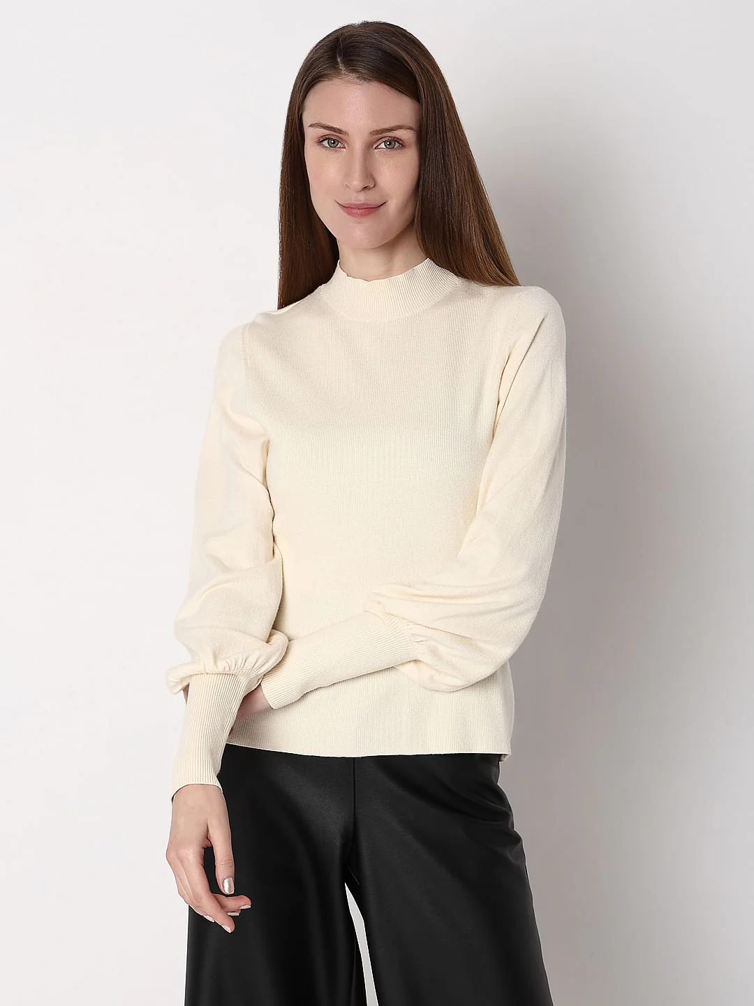 Cream High Neck Slim Fit Pullover - Image 2