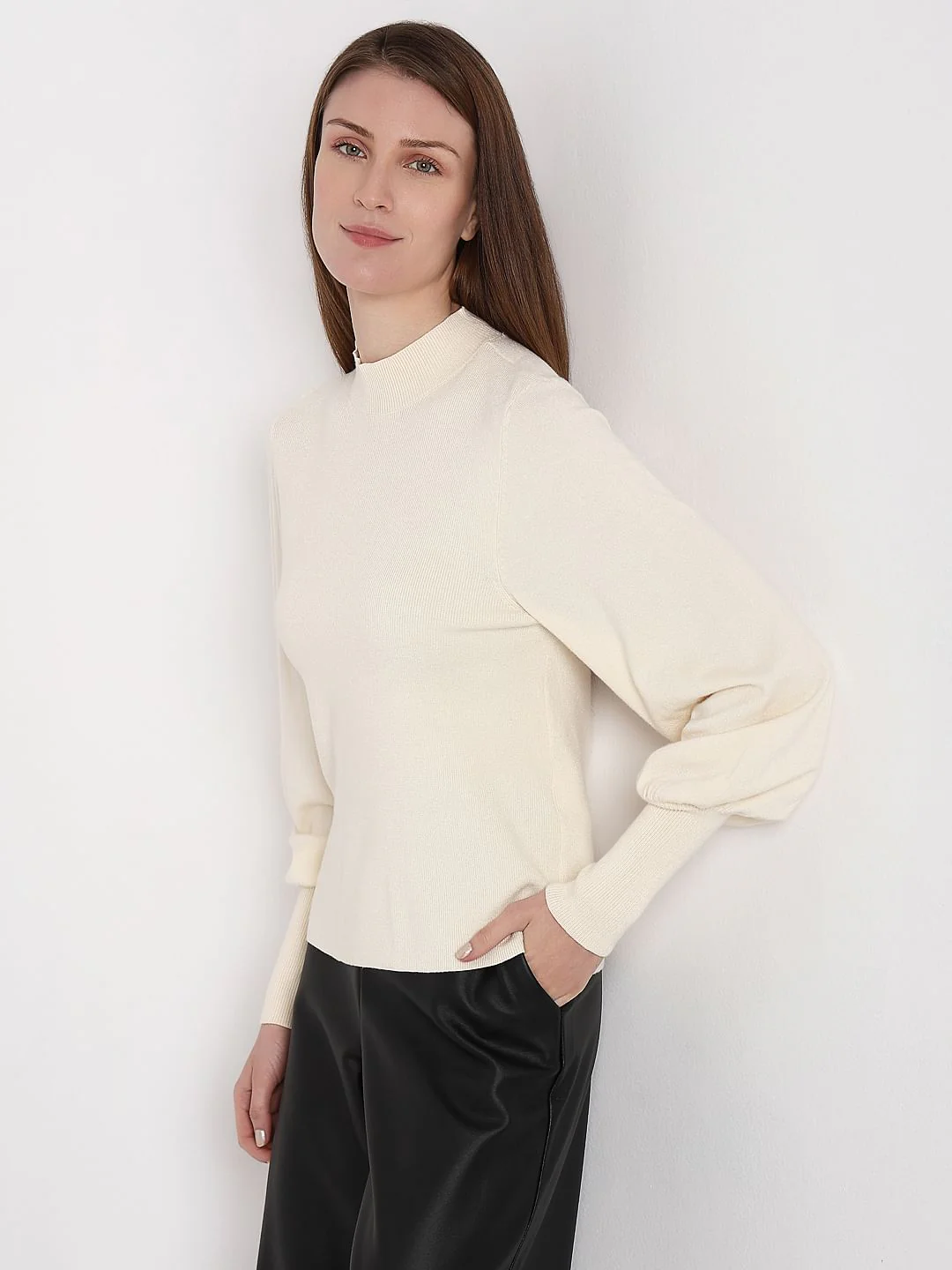 Cream High Neck Slim Fit Pullover - Image 3