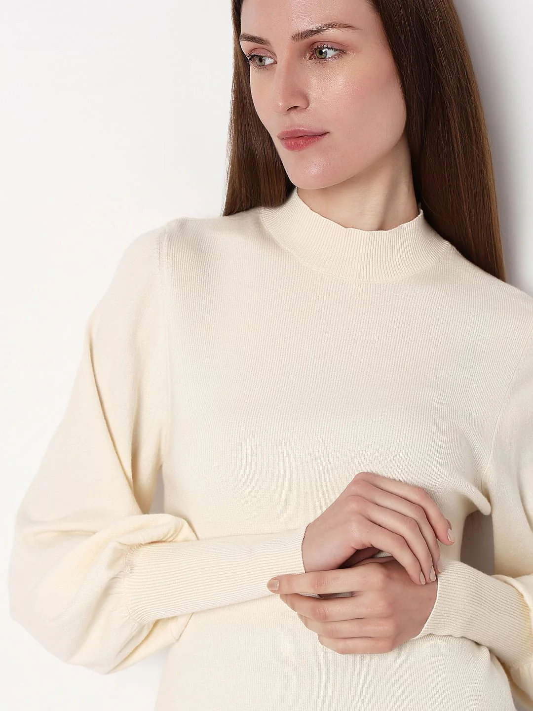 Cream High Neck Slim Fit Pullover - Image 6
