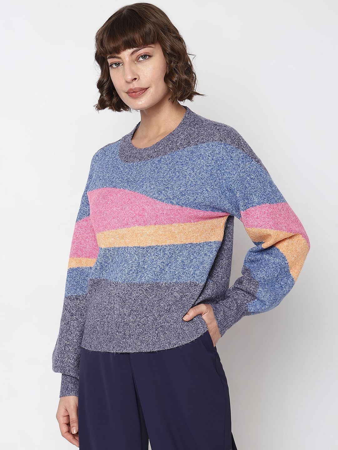 Blue Colourblocked Pullover - Image 3