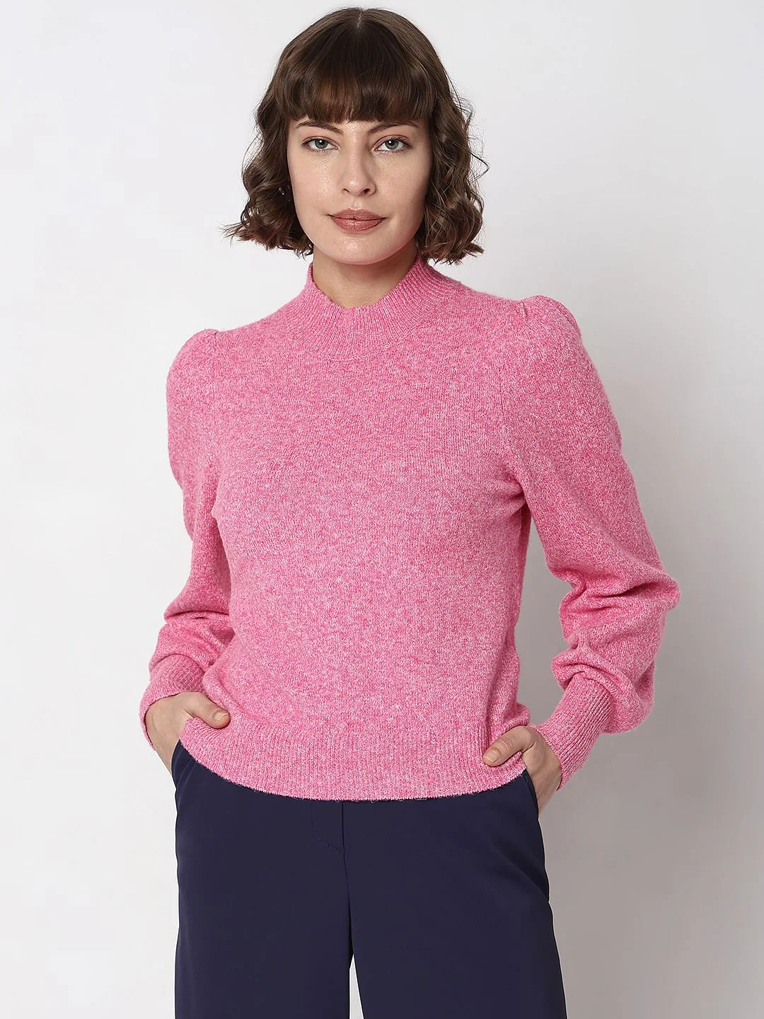 Pink High Neck Melange Yarn Pullover - Image 2