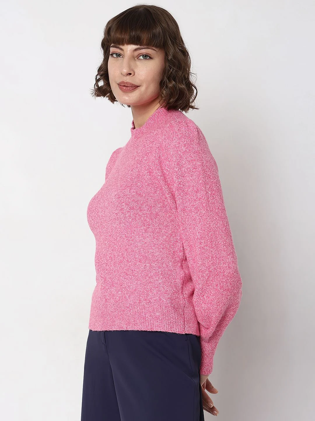 Pink High Neck Melange Yarn Pullover - Image 3