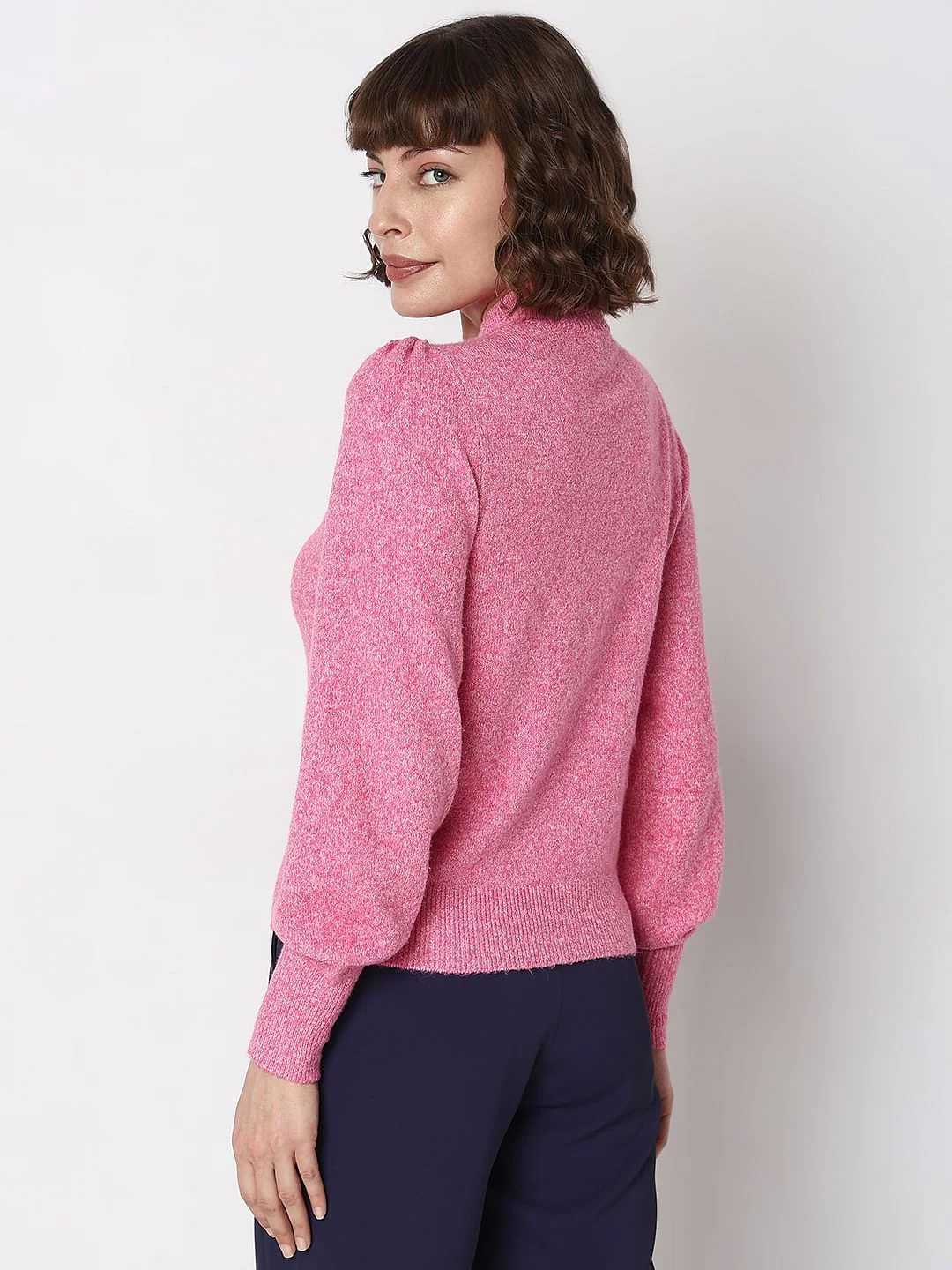 Pink High Neck Melange Yarn Pullover - Image 4
