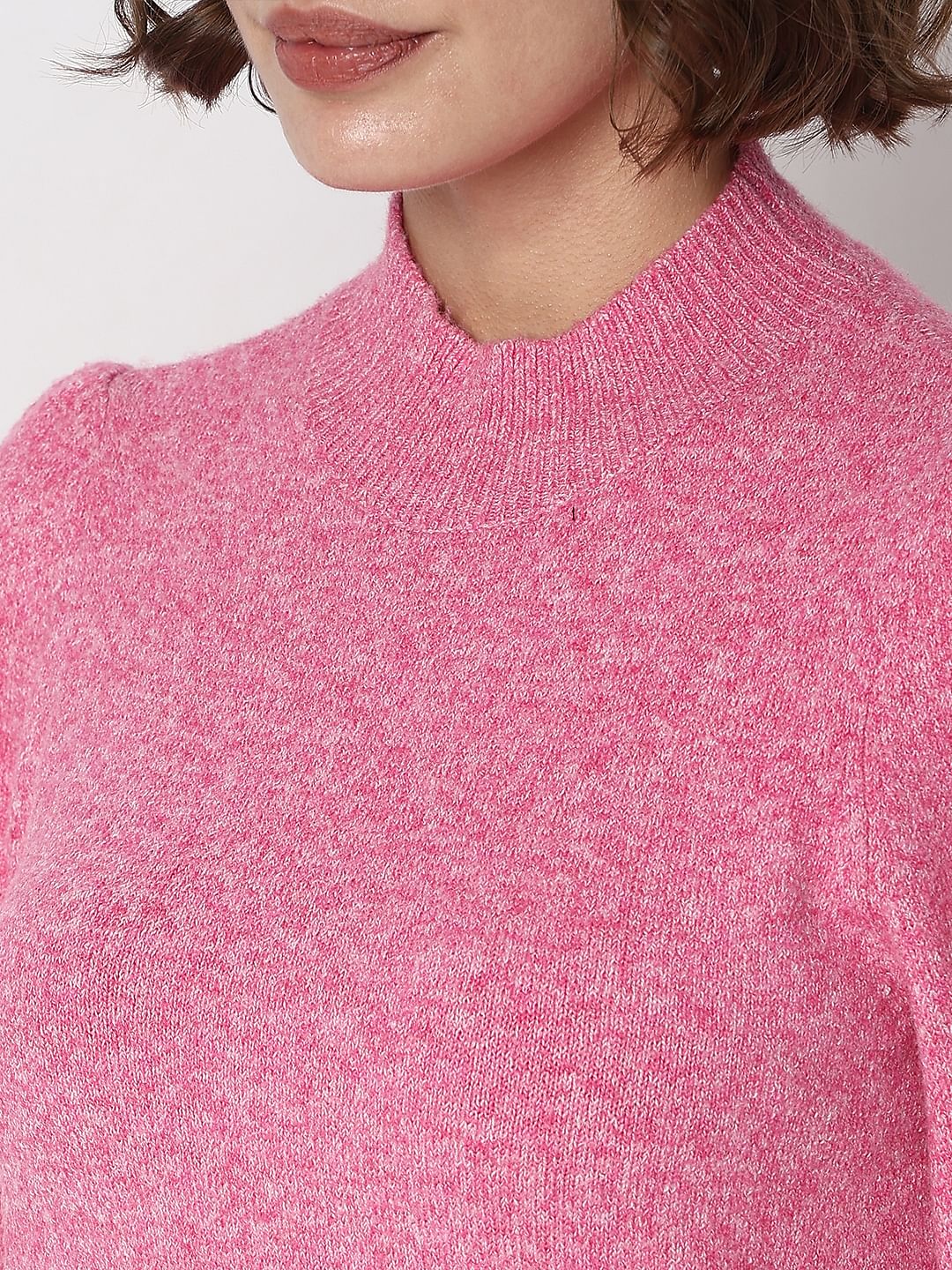 Pink High Neck Melange Yarn Pullover - Image 8