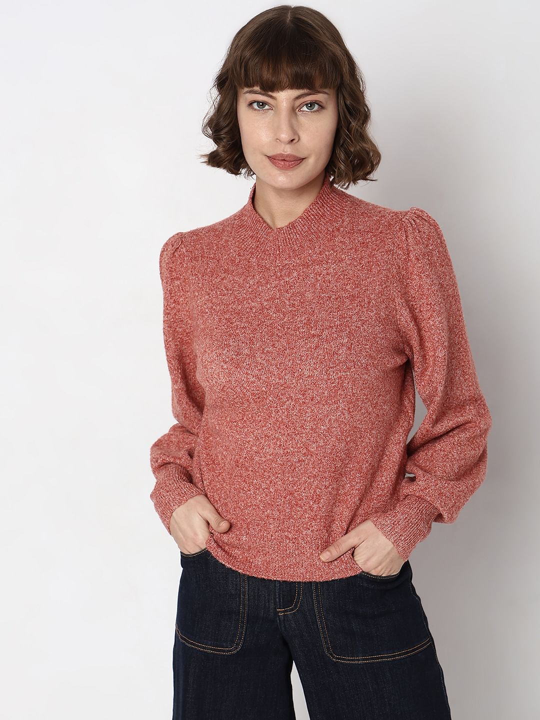 Red High Neck Melange Yarn Pullover - Image 2