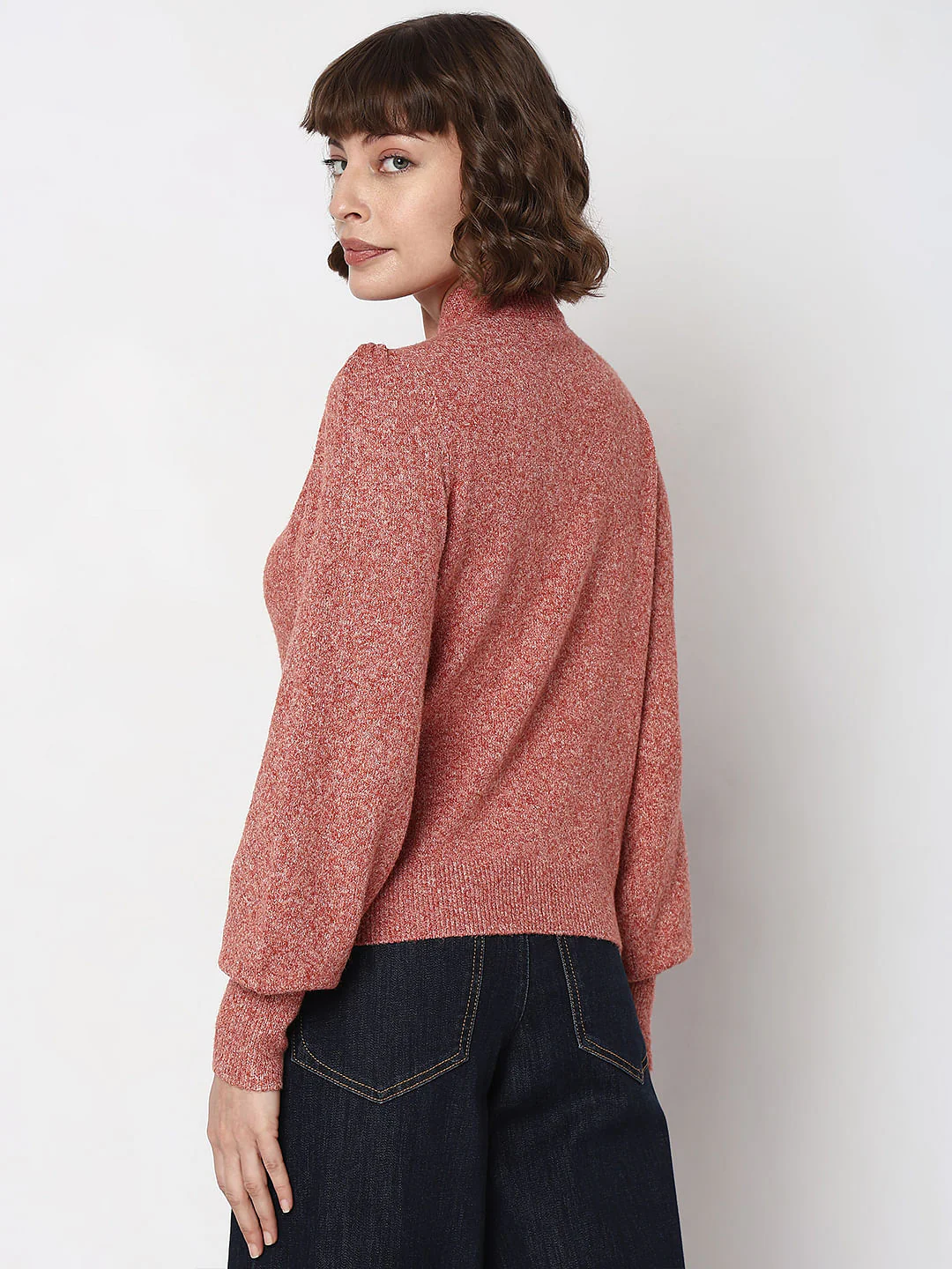 Red High Neck Melange Yarn Pullover - Image 4