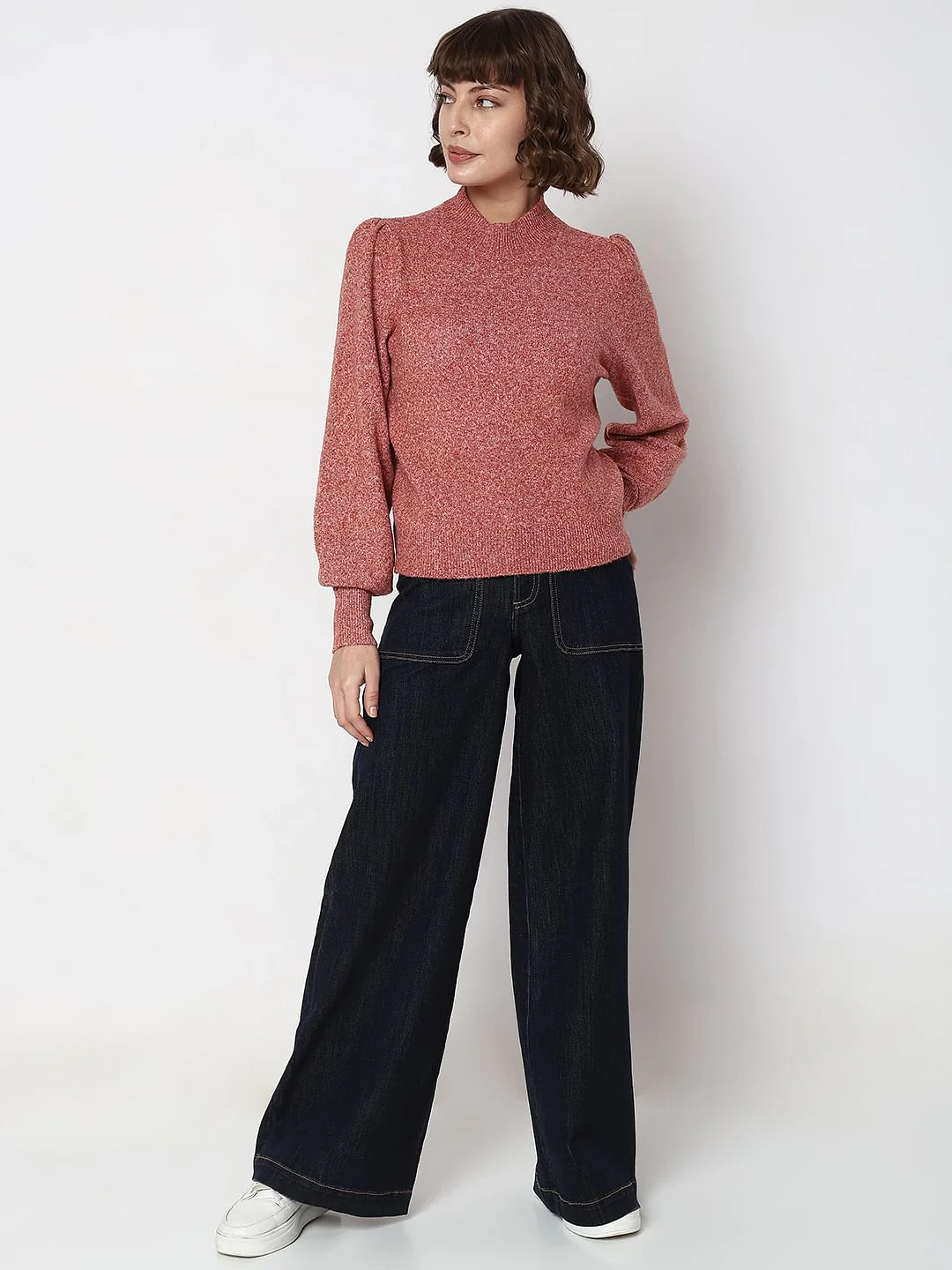 Red High Neck Melange Yarn Pullover - Image 5