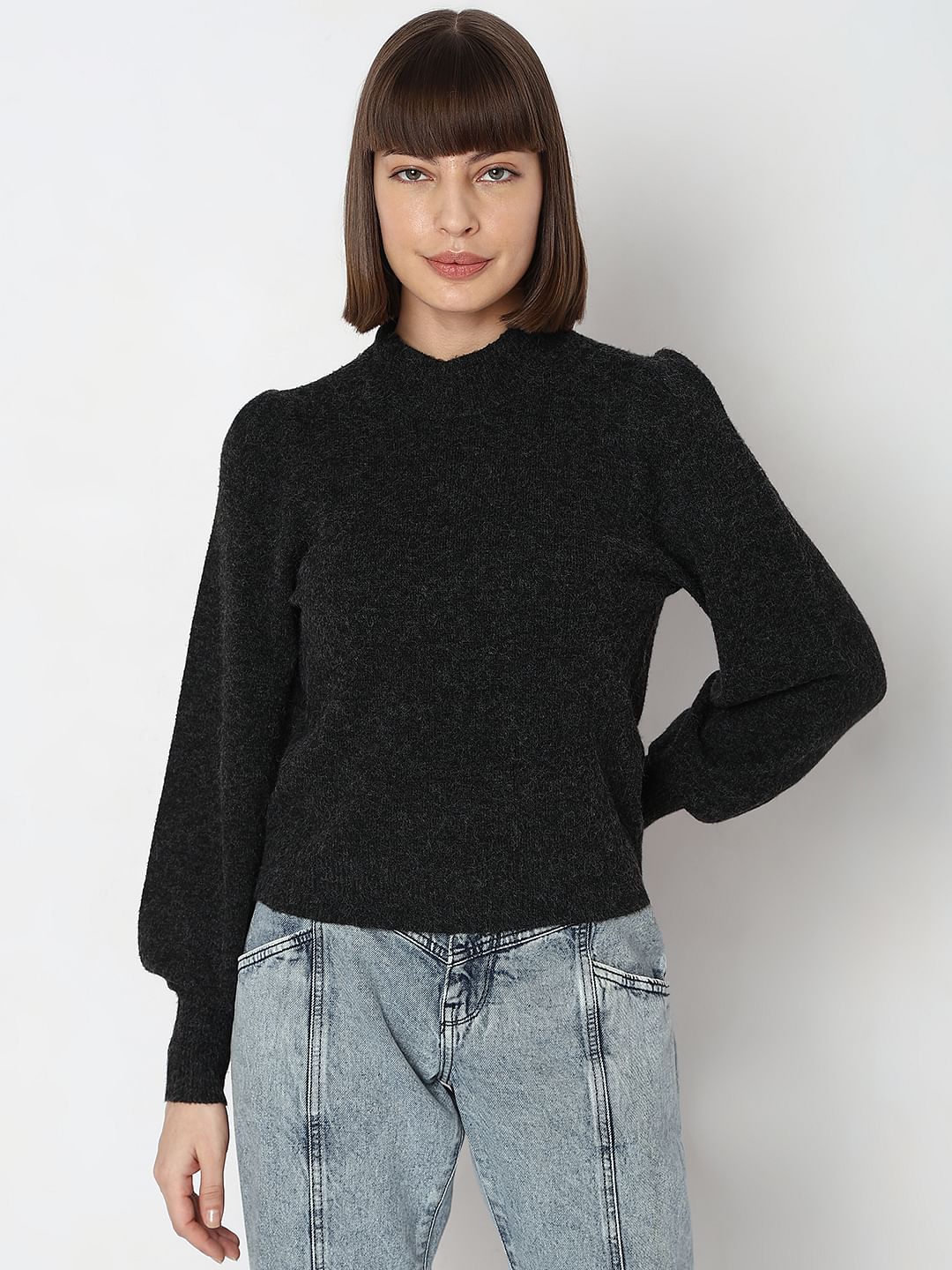 Black High Neck Melange Yarn Pullover - Image 2