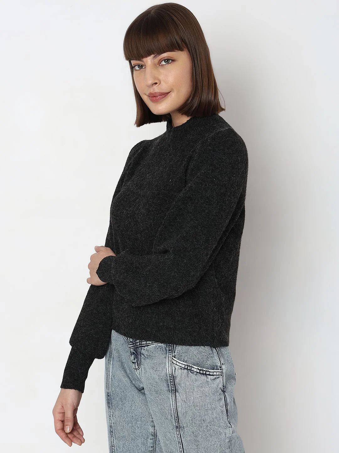 Black High Neck Melange Yarn Pullover - Image 3