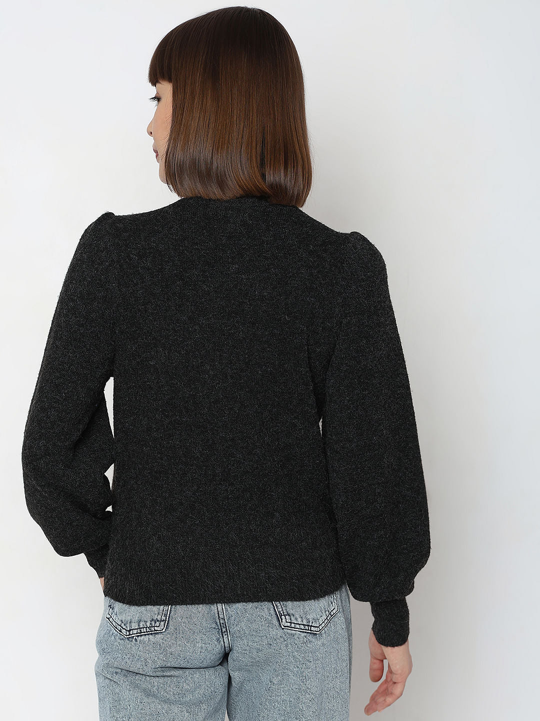 Black High Neck Melange Yarn Pullover - Image 4