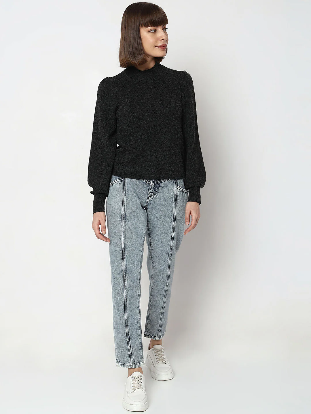 Black High Neck Melange Yarn Pullover - Image 5