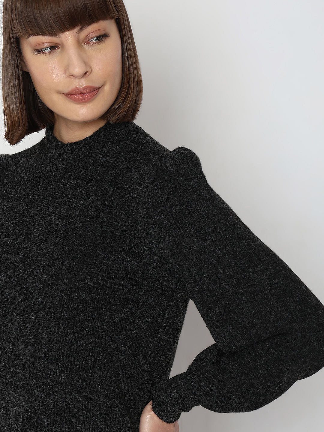 Black High Neck Melange Yarn Pullover - Image 6