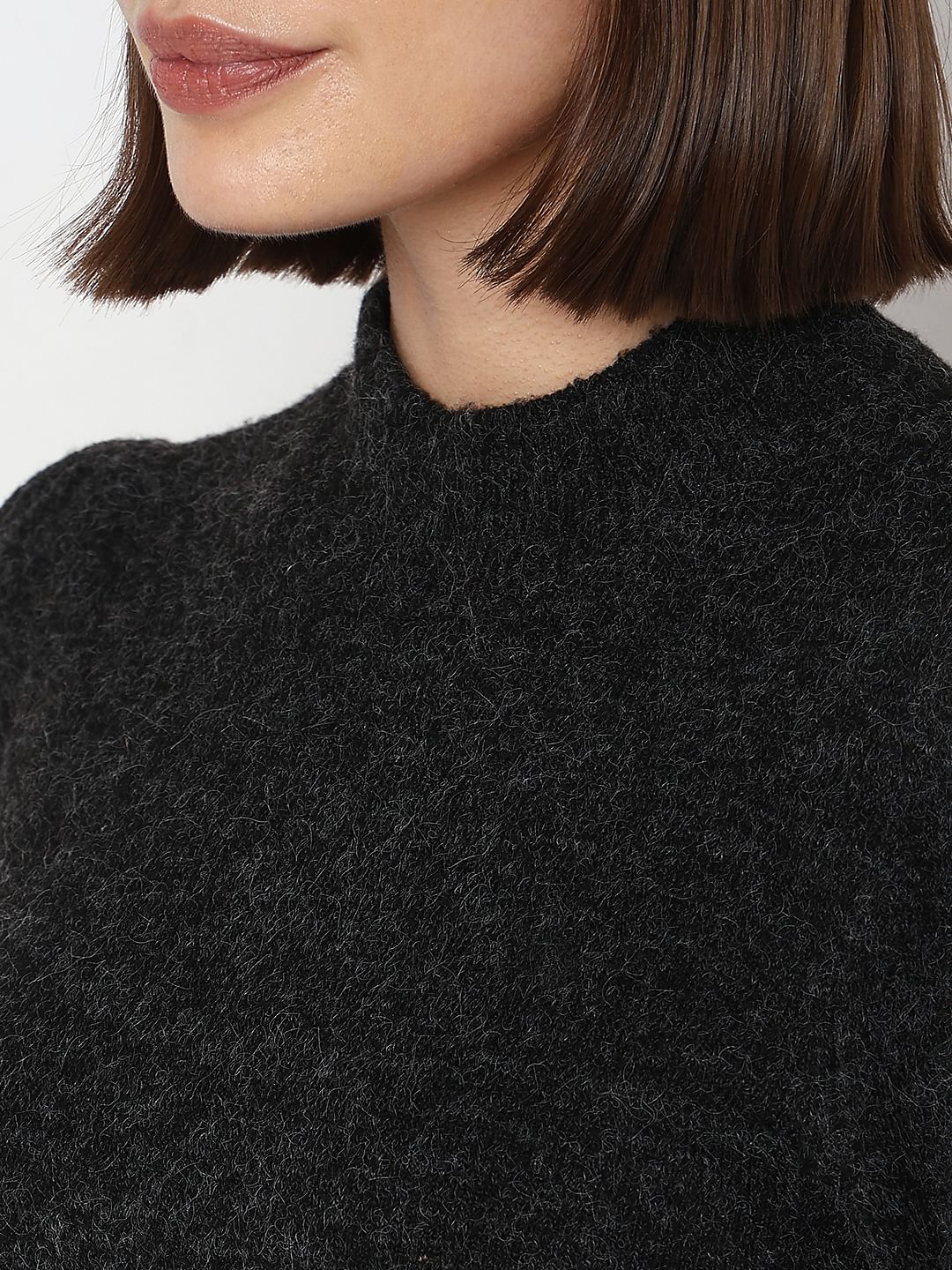 Black High Neck Melange Yarn Pullover - Image 8