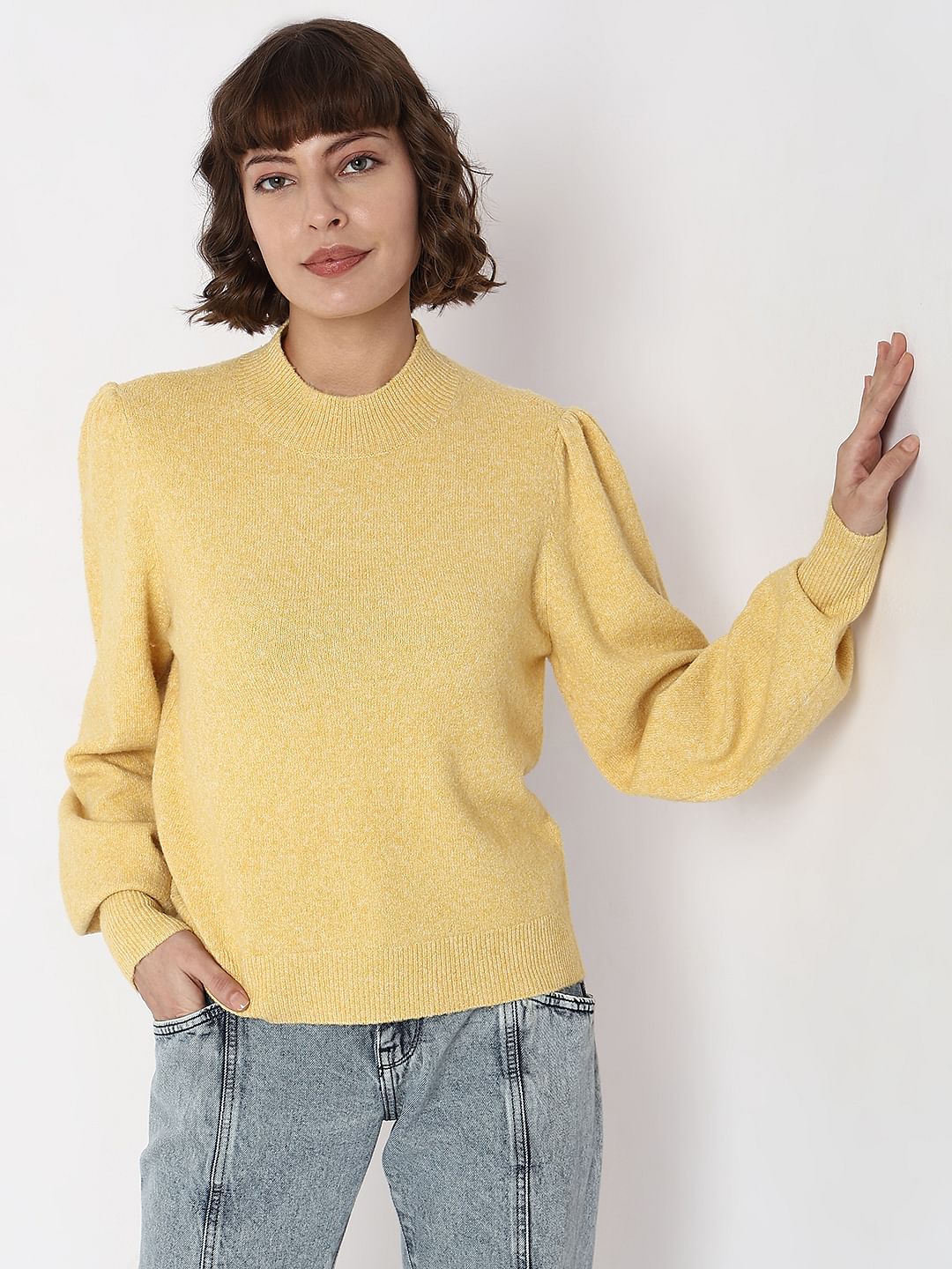 Yellow High Neck Melange Yarn Pullover - Image 2