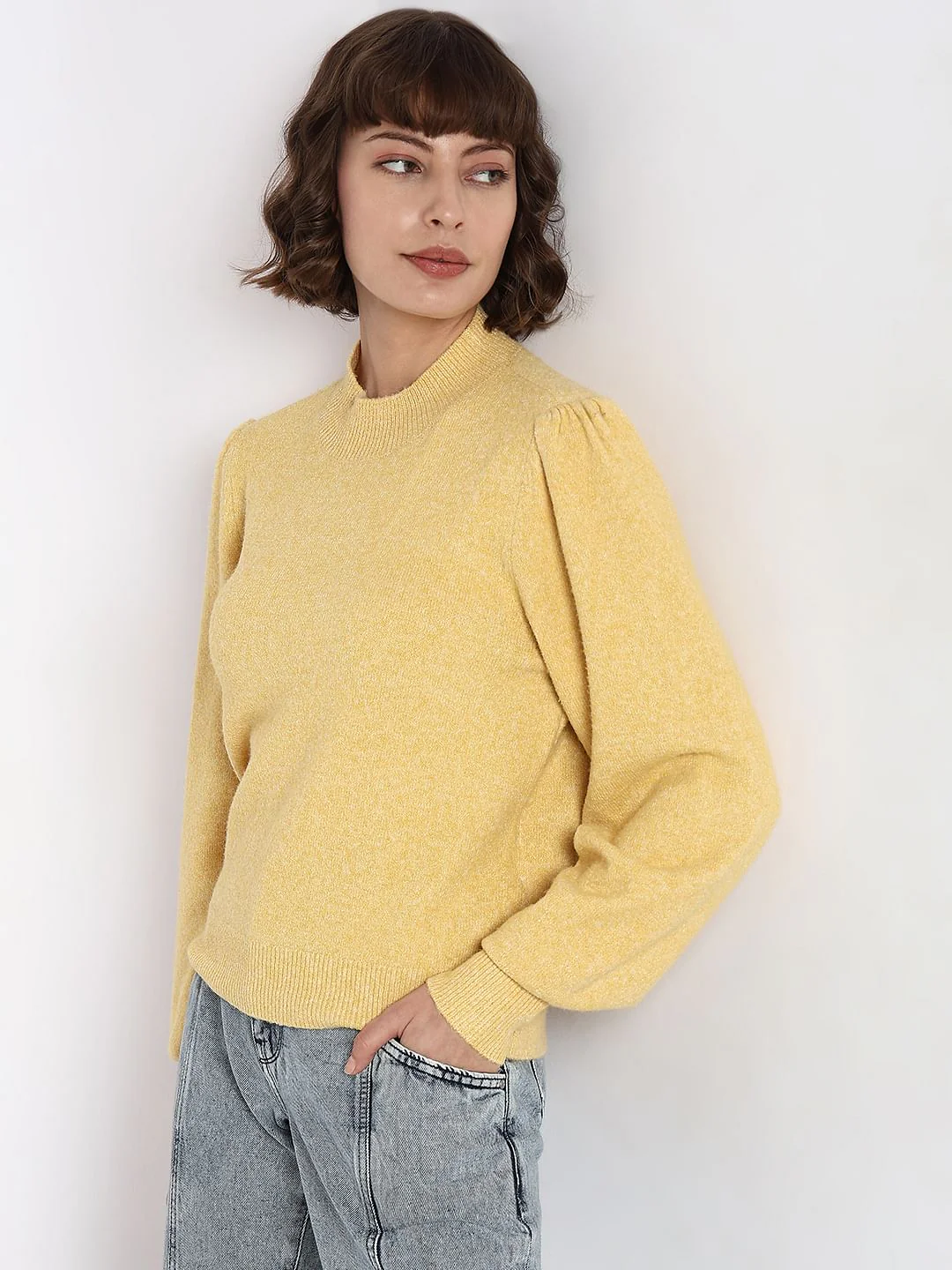 Yellow High Neck Melange Yarn Pullover - Image 3