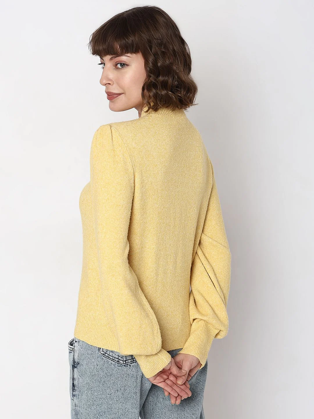 Yellow High Neck Melange Yarn Pullover - Image 4