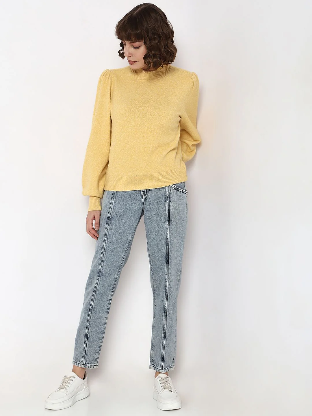 Yellow High Neck Melange Yarn Pullover - Image 5