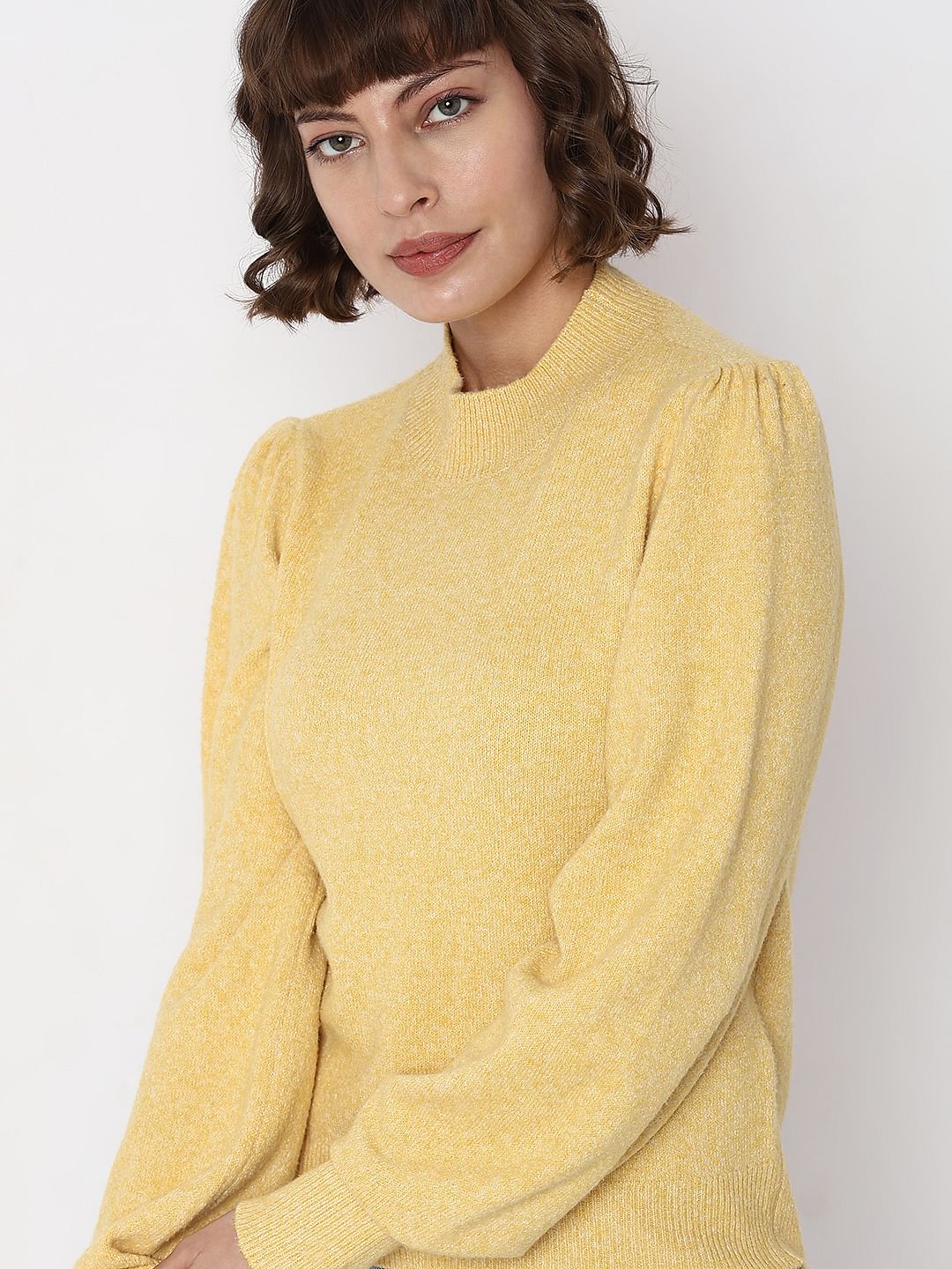 Yellow High Neck Melange Yarn Pullover - Image 6