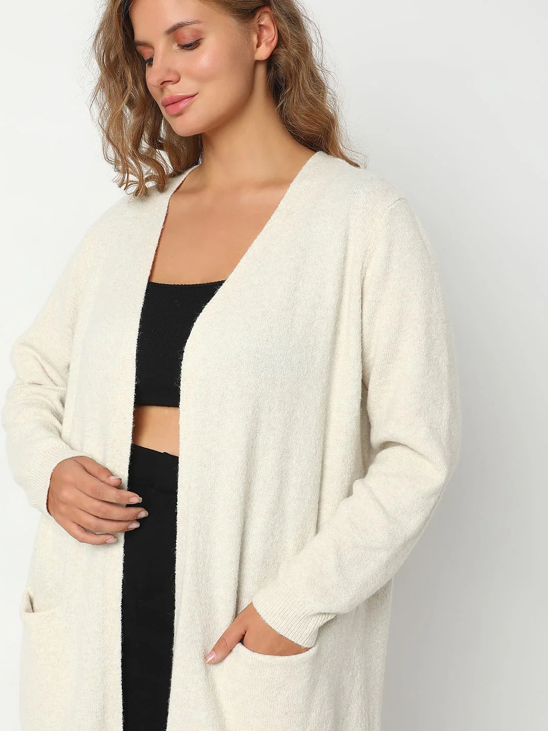 Curve Cream Full Sleeves Long Cardigan - Image 5