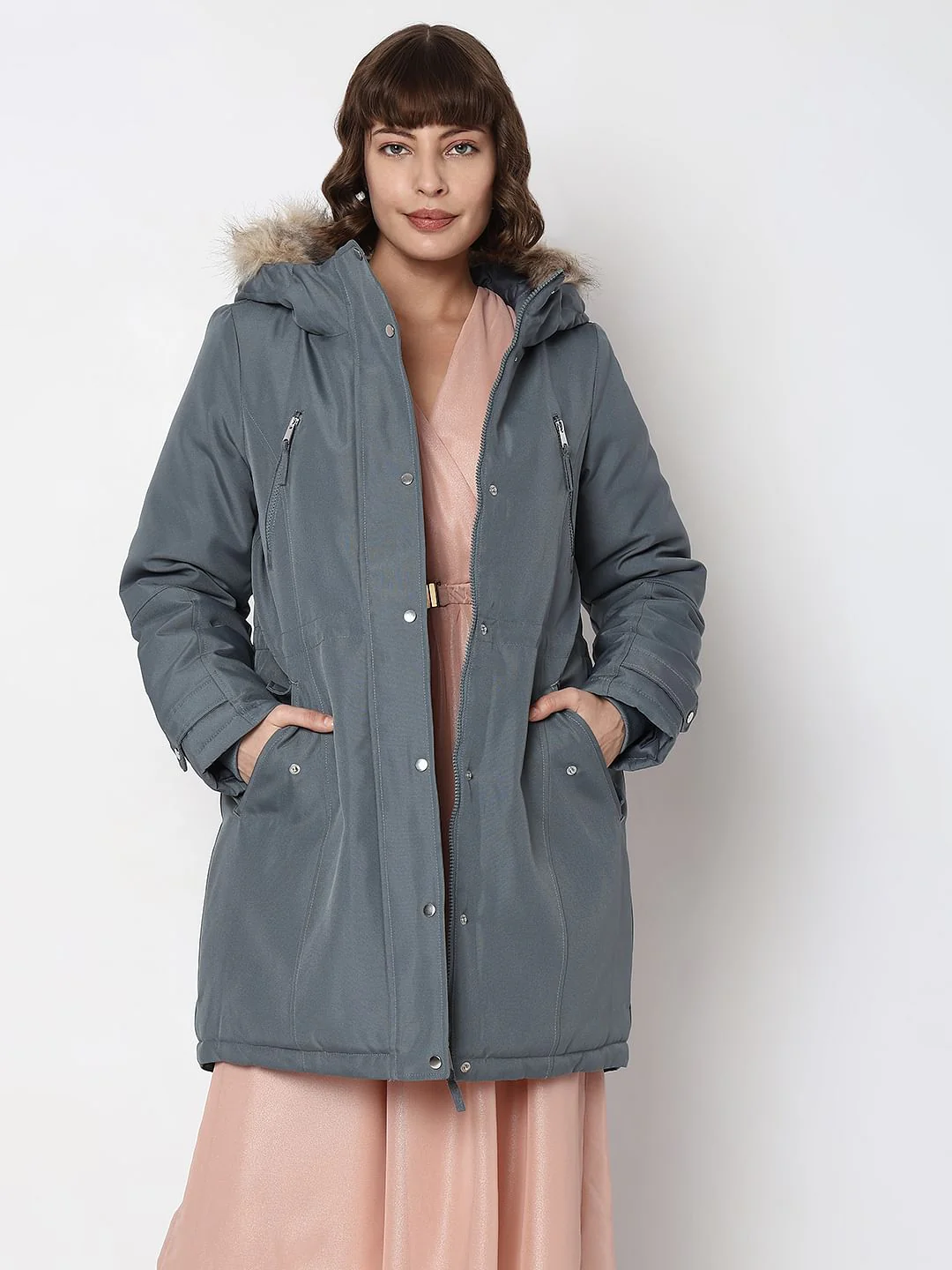 Grey Fur Hooded Parka Jacket - Image 2