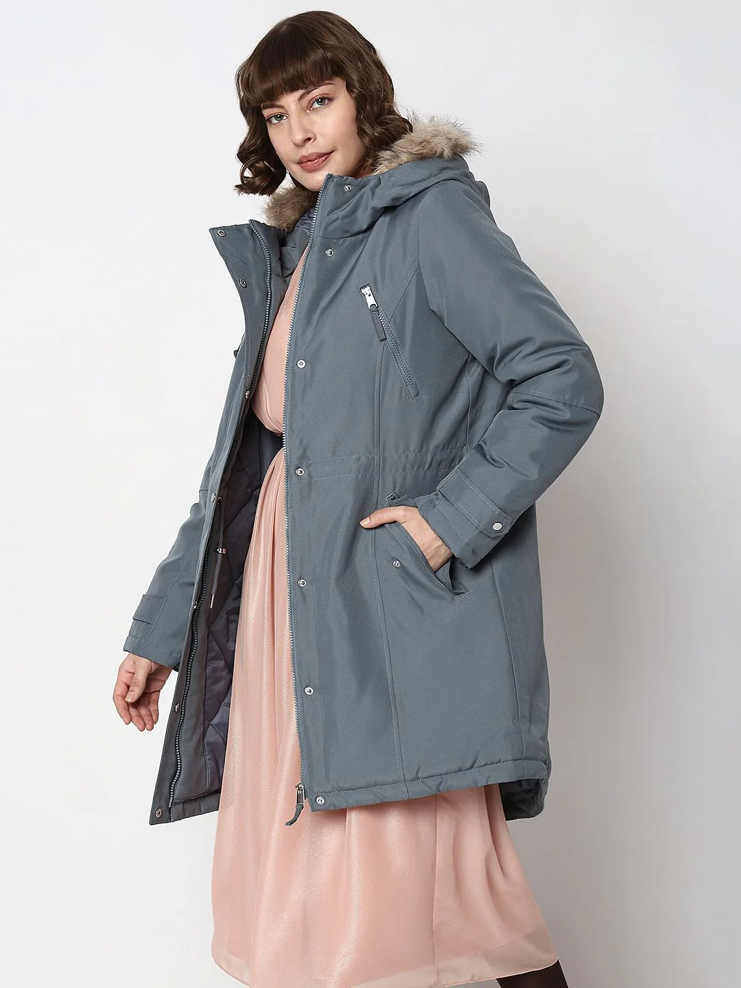 Grey Fur Hooded Parka Jacket - Image 3