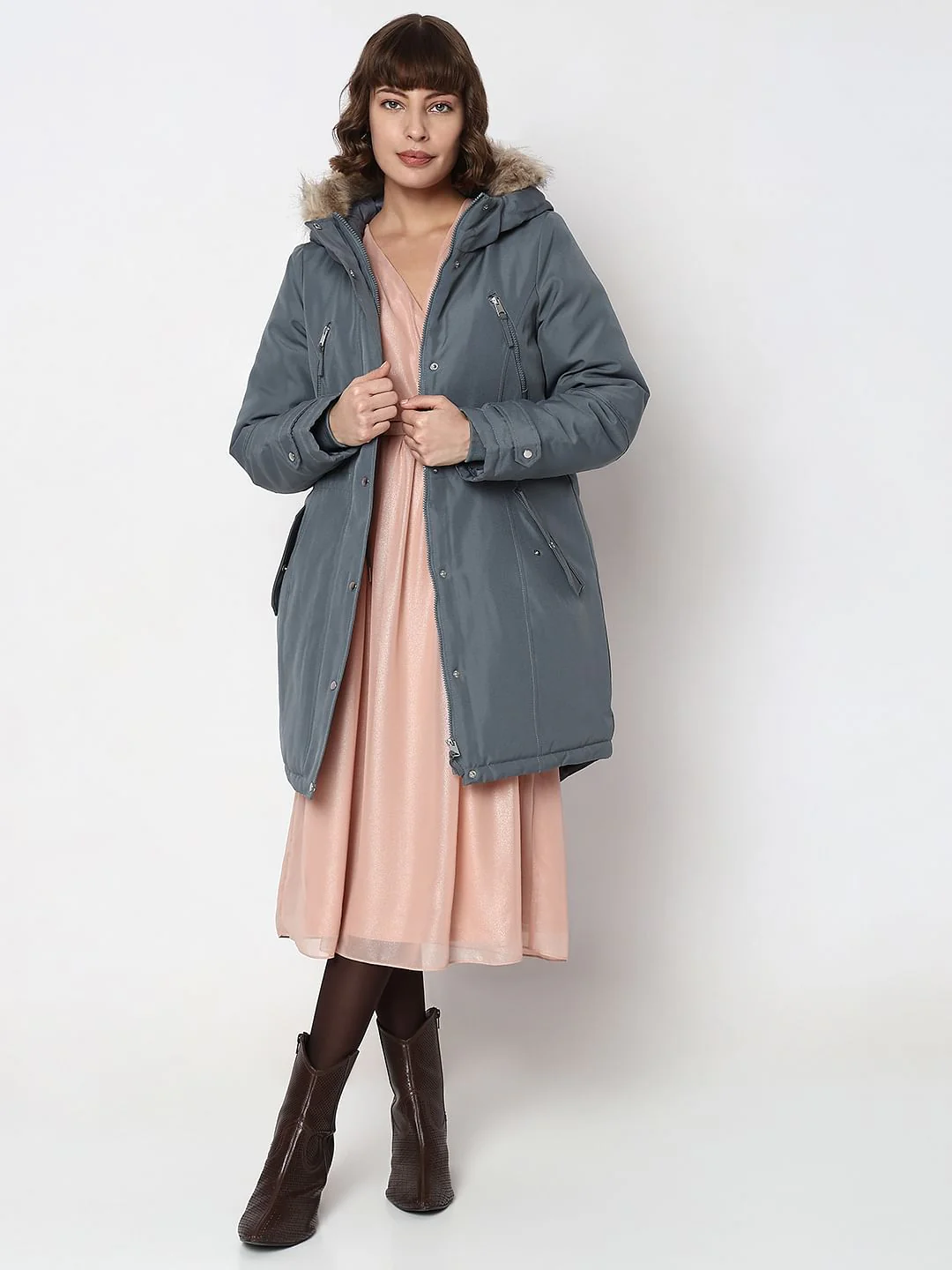 Grey Fur Hooded Parka Jacket - Image 5