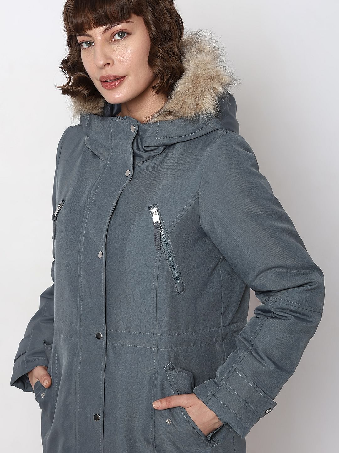 Grey Fur Hooded Parka Jacket - Image 6