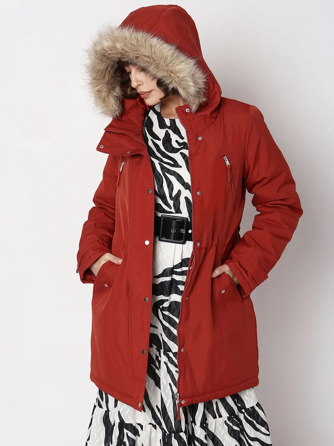 Red Fur Hooded Parka Jacket - Image 2