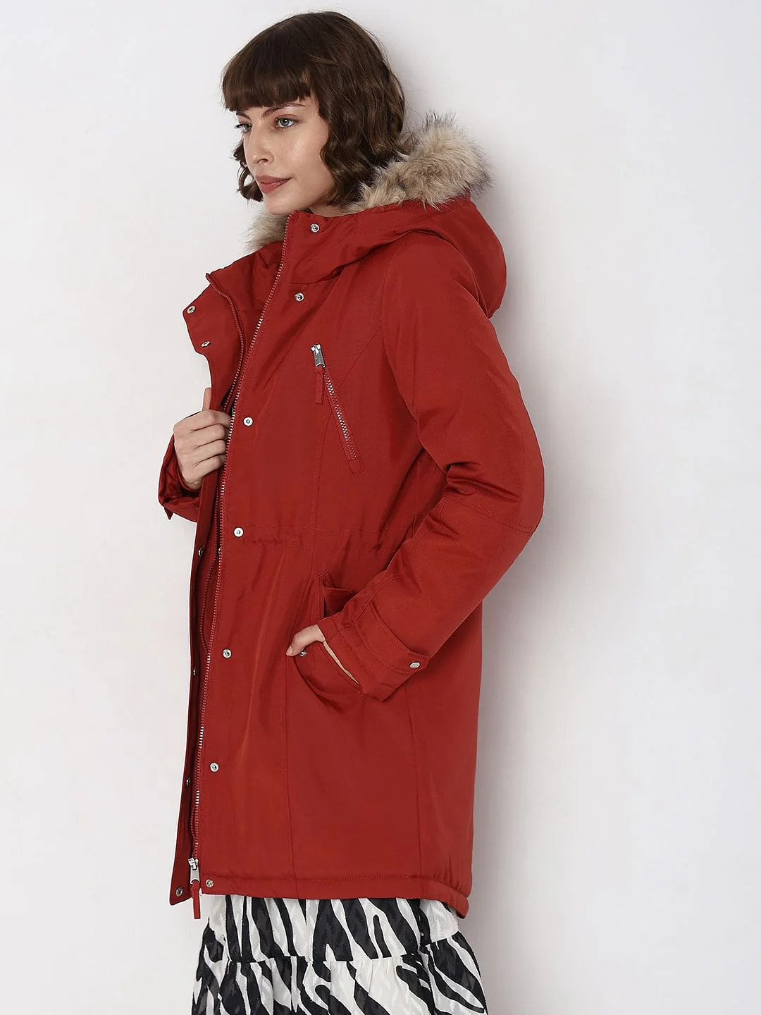 Red Fur Hooded Parka Jacket - Image 3