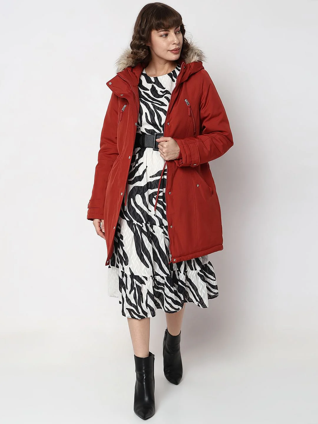 Red Fur Hooded Parka Jacket - Image 5