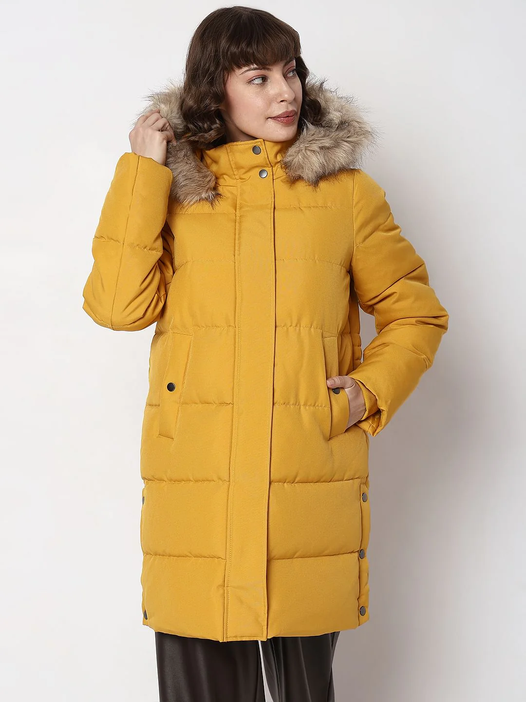 Yellow Faux Fur Hood Puffer Coat - Image 2