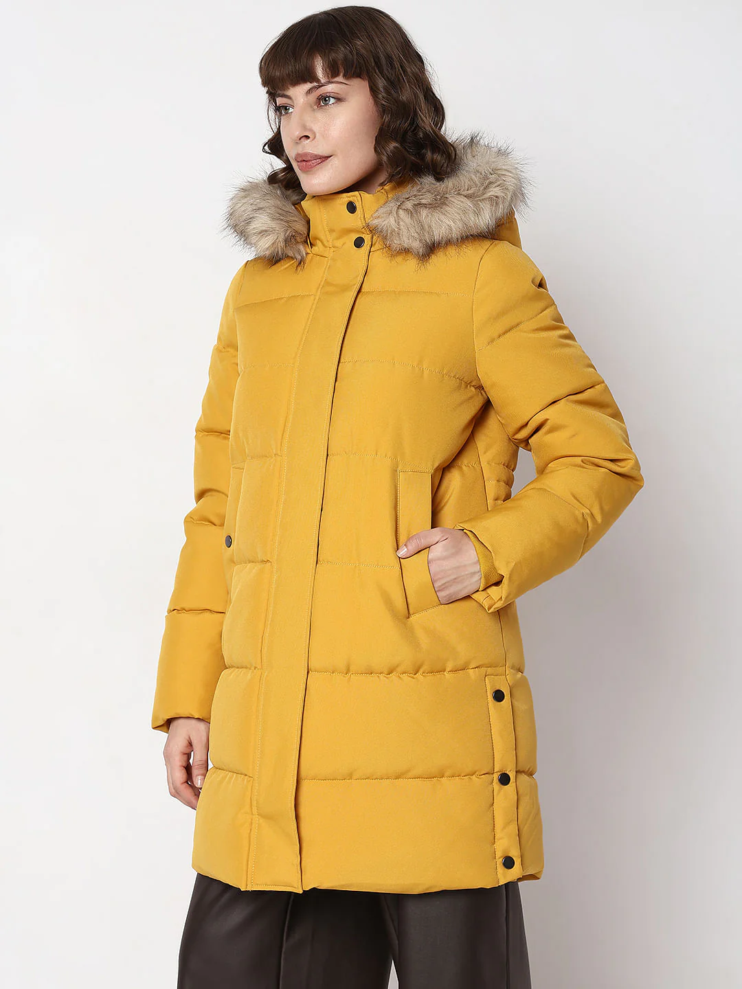 Yellow Faux Fur Hood Puffer Coat - Image 3