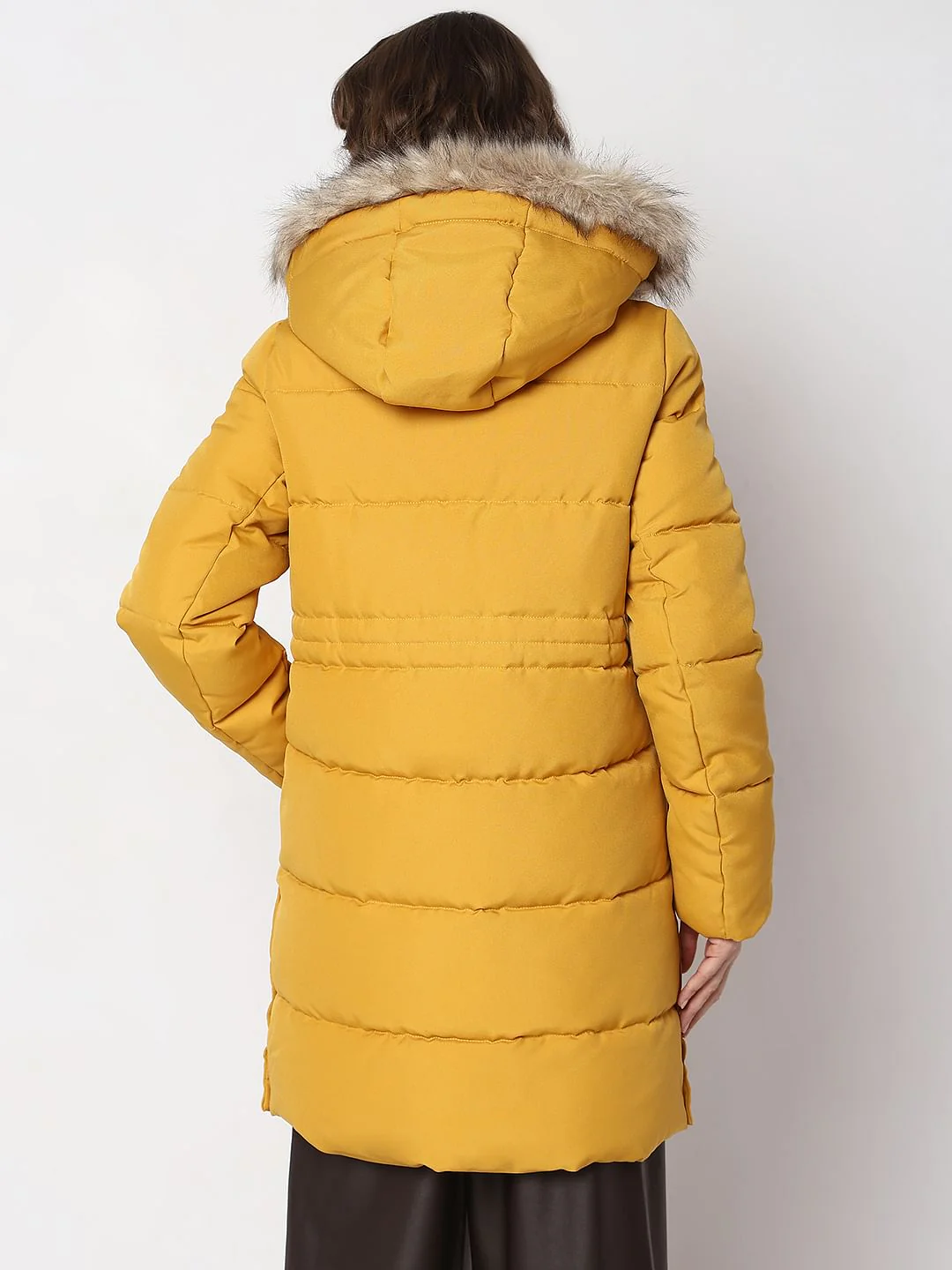 Yellow Faux Fur Hood Puffer Coat - Image 4