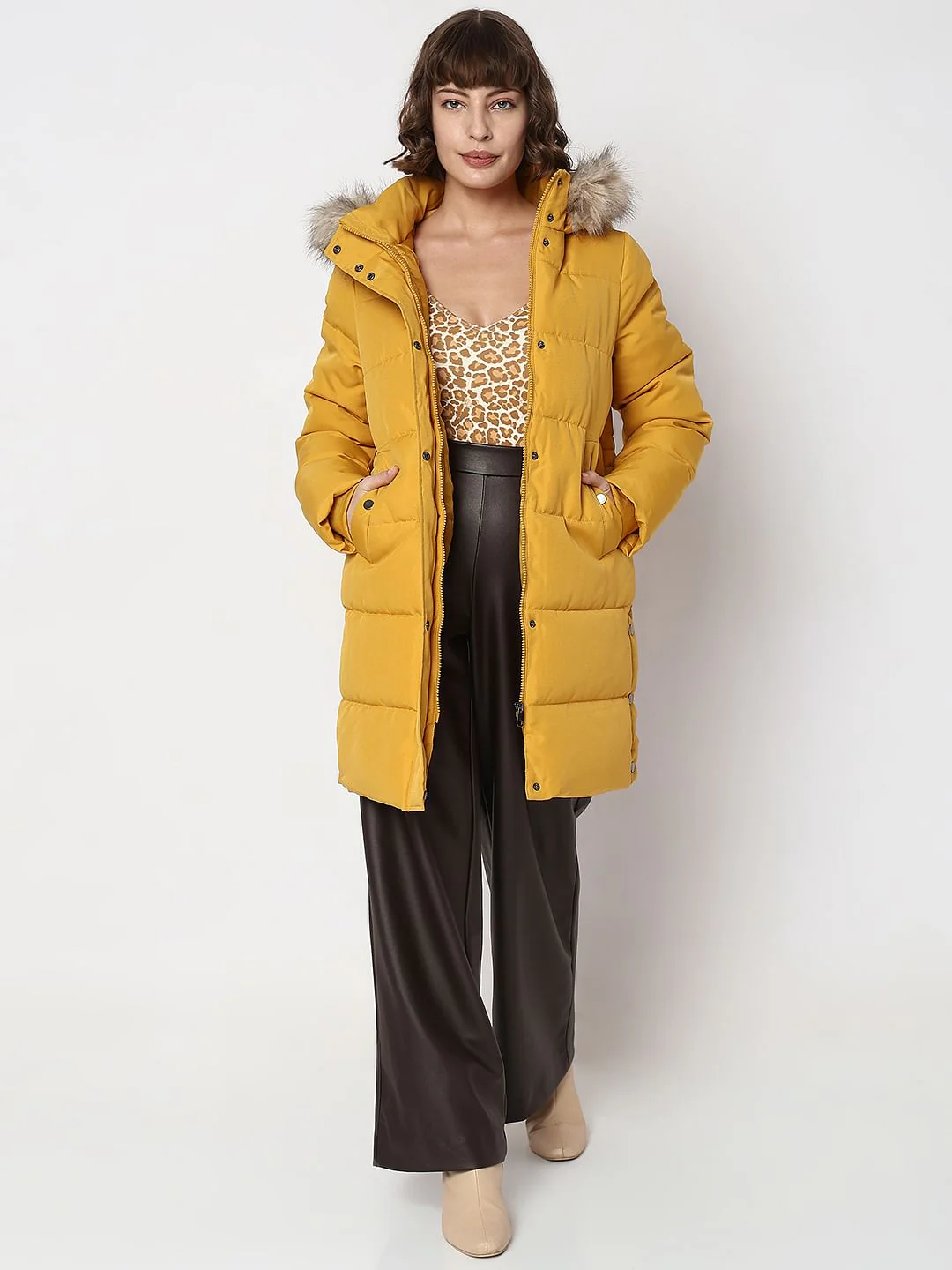 Yellow Faux Fur Hood Puffer Coat - Image 5
