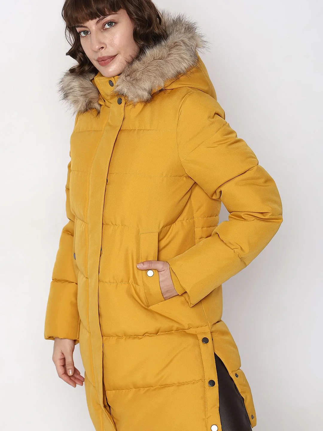 Yellow Faux Fur Hood Puffer Coat - Image 6