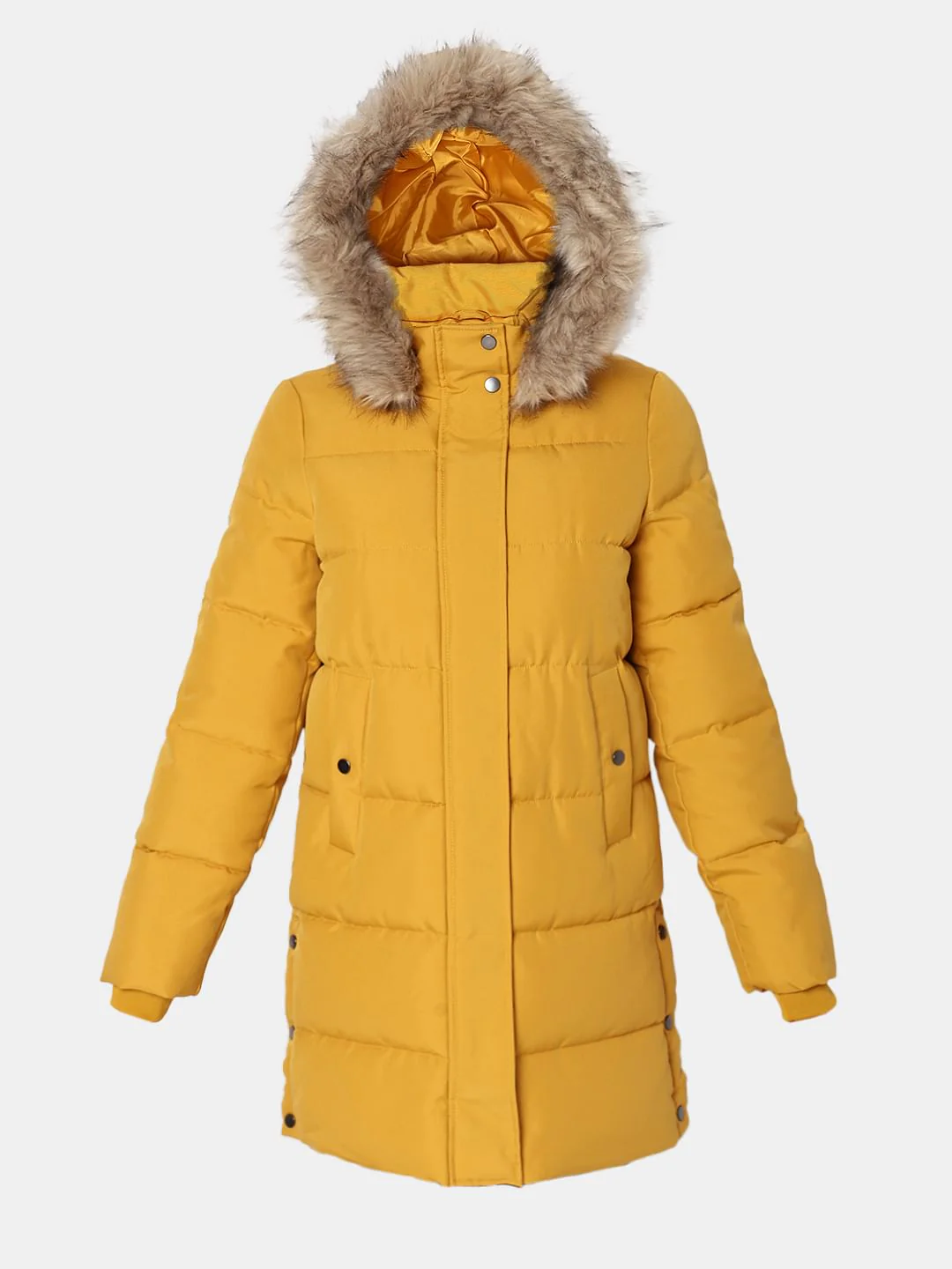 Yellow Faux Fur Hood Puffer Coat - Image 7