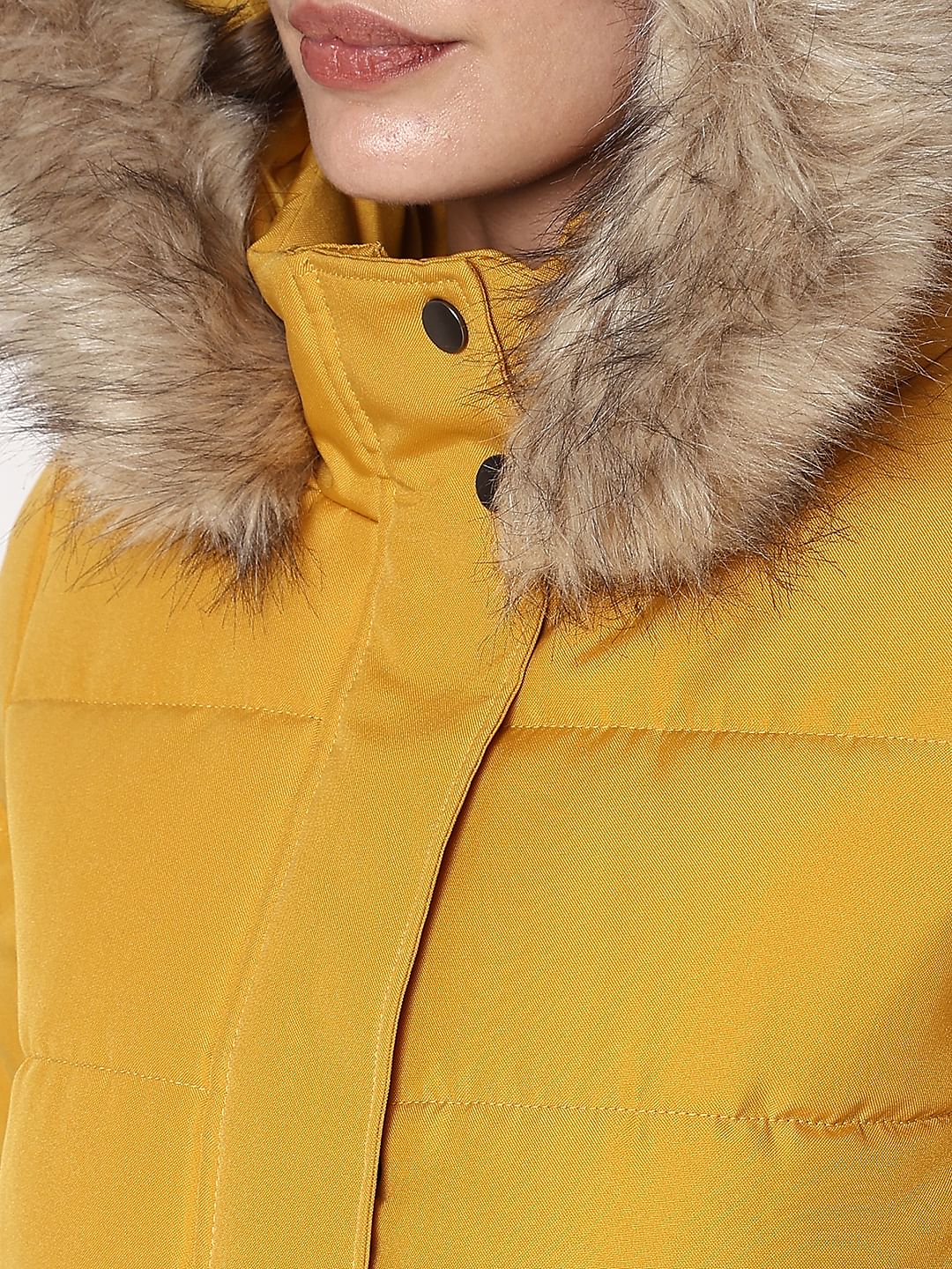 Yellow Faux Fur Hood Puffer Coat - Image 8