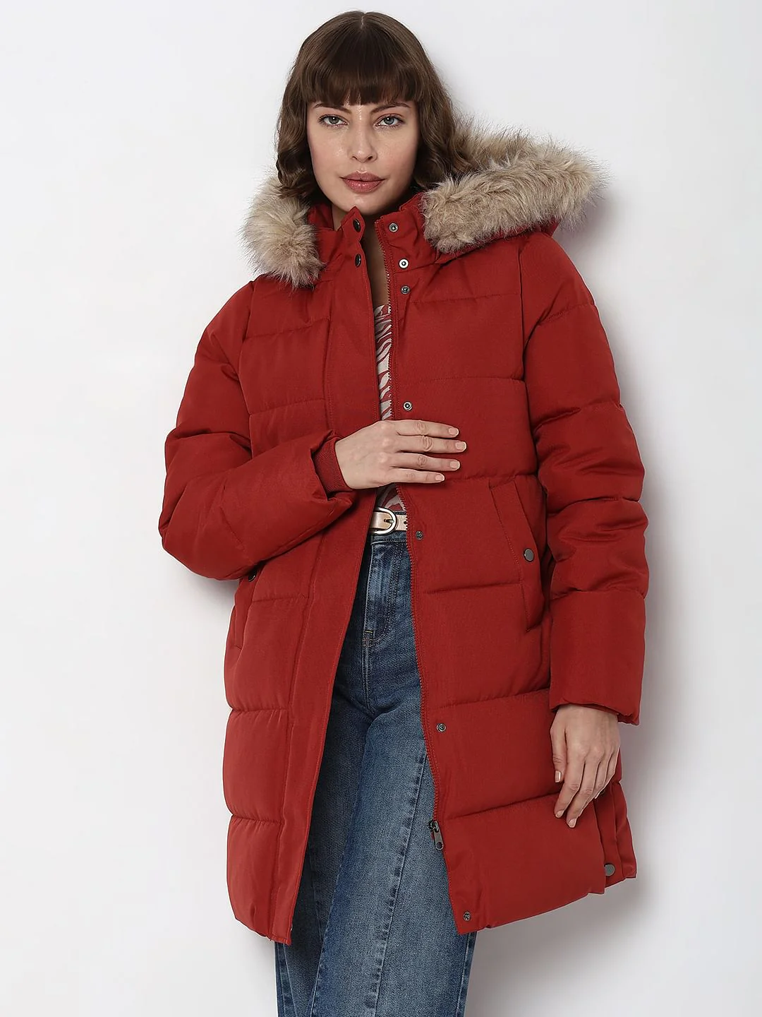 Red Faux Fur Hood Puffer Coat - Image 2