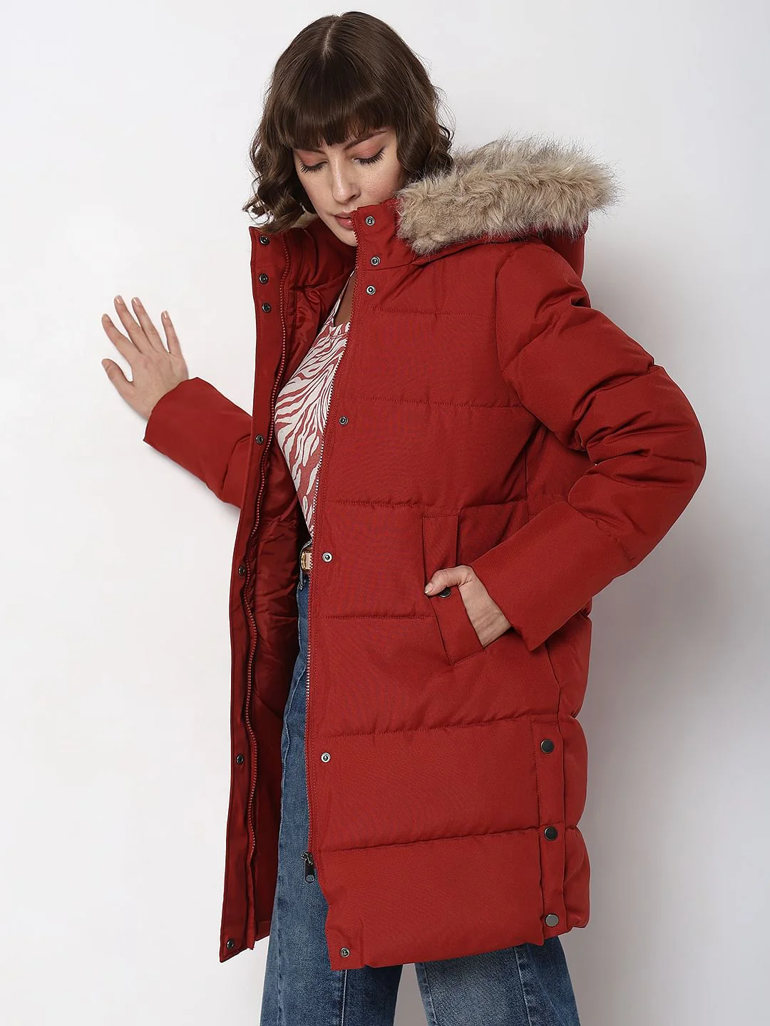 Red Faux Fur Hood Puffer Coat - Image 3
