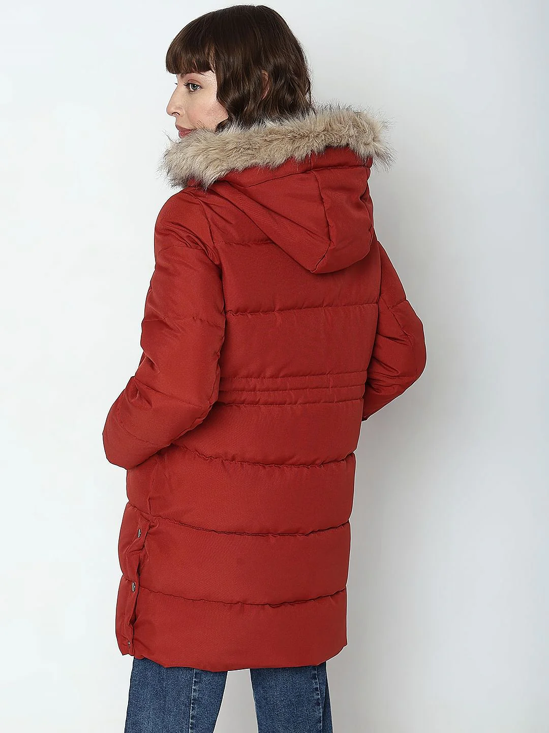 Red Faux Fur Hood Puffer Coat - Image 4